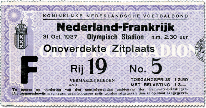 Eintrittskarte 1937  | Offizielle Eintrittskarte zum Fußball Länderspiel "Nederland -Frankrijk" (Niederland v Frankreich) am 31.10.1937 in Amsterdam. 12x6,3 cm.