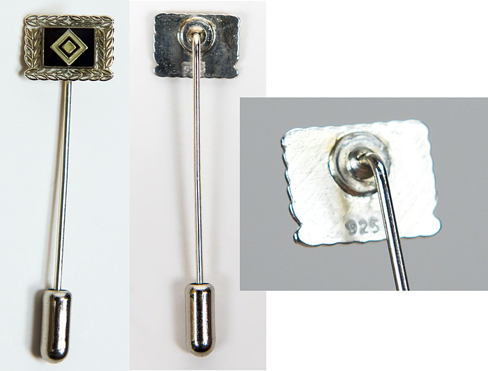 HSV - Nadel 1985  | Silberne Ehrennadel des Hamburger SV für den Spieler und verdiente Mitglieder. Silber (gepunzt, 925er Silber), blau emailliert, 1,2x1 cm.