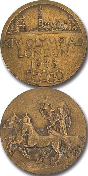 Participation Medal: Olympic Games 1948. - XIV.Olympiad London 1948. Bronze, with relief motif and lettering, size 5.1cm. Presented to athletes and officials. VF. rare version WITHOUT "BM" on the reverse Condition: A
