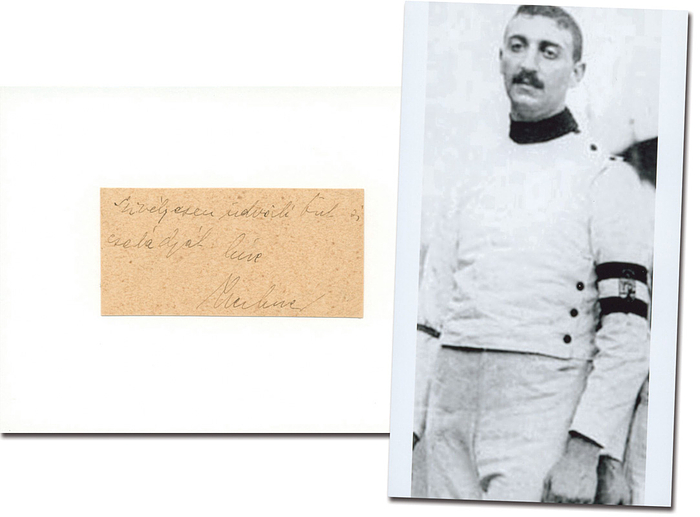 Werkner, Lajos  | (1883.1943) Blancobeleg (8x4 cm) mit original Widmung von Lajos Werkner (HUN). 2facher Goldmedaillengewinner im Fechten bei den Olympischen Spelen 1908 und 1912 mit der Säbel-Mannschaft von Ungarn. Aufmontiert auf Karteikarte 14,5x10,5 cm