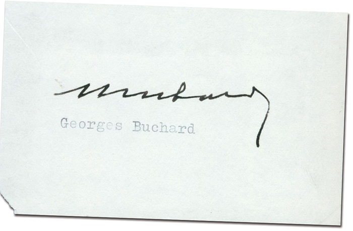 Buchard,Georges  | (1893-1987) Blancobeleg mit Originalsignatur von Georges Buchard. Französischer Degen-Fechter und 6-facher olympischer Medaillengewinner. Gold 1924, 2x Silber 1928, Gold und Silber 1932 und  Bronze 1936, 15x8,5 cm.