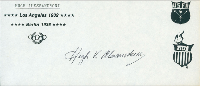 Alessandroni, Hugh  | (1908-1989) Sammlerbeleg mit original Signatur von Hugh Alessandroni (USA). Bronzemedaille im Fechten Florett - team bei den Olympischen Spielen 1932, 19x9 cm