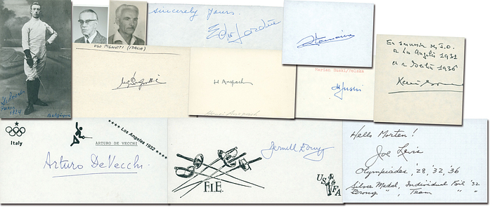 Fechten OSS 1912 - 1932  | 11 verschiedene Signaturen von Medaillengewinner im fechten bei den Olympischen Spielen 1912 - 1932: Henri Anspach (BEL, +1979; Gold 1912); Albert De Roocker (BEL; + 1989; Silber 1924); Ugo Pignotti (ITA; +1989; Gold 1928 +2x Silber 1932); René Bondoux (+2001), René Lemoine (+1995), Édward Gardère (+1997) alle Frankreich Gold 1932 + Silber 1936 Florett Mannschaft; Joseph Levis (USA, +2005, 193 Silber + Bronze); Dernell Every (USA, +1194; Bronze 1932); Arturo De Vecchi (ITA, +1988; Silber 1932); Adam Papée (POL; bronze 1928 + 1932, Signatur Rückseite Passfoto); Marian Suski (POL,+1993, Bronze 1932). Blancobeleg, Reprofoto, Passfoto, 17x8,5 bis 5x4 cm.