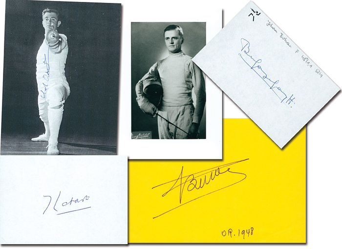 Frankreich Fechten OSS1948  | Goldmedaille Fechten Florett -Mannschaft für Frankreiche bei den Olympischen Spielen 1948: André Bonin (1909-1998); Jéhan Buhan (1912-1999; Gold 1948 - Einzel, Gold 1952. Selten), Christian d’Oriola (1928-2007; 1948-1956 4x Gold, 2x Silber), Jacques Lataste (1922-2011, Gold 1952, Silber 1956). 4 von 6 Fechtern. Blancobelege + Reprofoto, 14,5x10,5 bis 10,5x7,5 cm