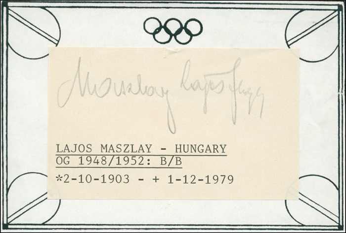 Maszlay, Lajos  | (1903-1979) Karteikarte mit original Signatur von Lajos Maszlay (HUN). 2facher Bronzemedaillengewinner bei den Olympischen Spielen 1948 im Fechten (Florett Einzel + Team). 3facher Weltmeister 1933-1937, 9,5x6 cm.