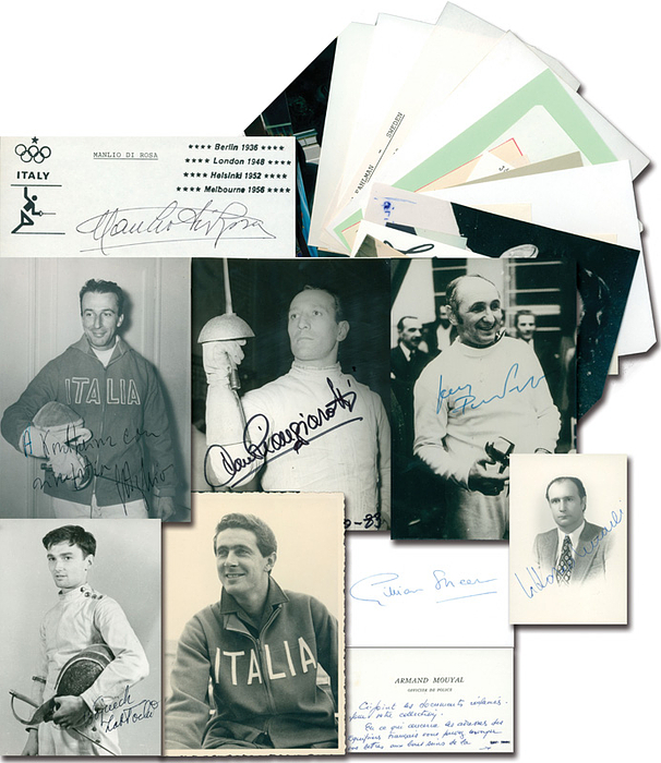 Fechten OSS 1952 + 1956  | 37 original verschiedene Signaturen von Medaillengeinner im Fechten bei den Olympischen Spielen 1952 + 1956 aus Frankreich (13x), Ungarn (3x), Italien (11x,), Schweden (4x), Polen (5x), Großbritannien.Fotos, Karteikarten, Blancobelege, 15x10 bis 5x4 cm