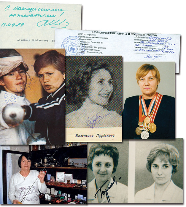 UdSSR Fechten OSS1960  | Goldmedaille im Fechten der Frauen Florett Mannschaft für die UdSSR bei den Olympischen Spielen 1960. Original Signaturen von: Galina Gorochowa (5 Medaillen von 1960 - 1972);  Tatjana Petrenko (1938-2000, 4 Medaillen 1960-1972); Walentina Prudskowa (1938-2020, Silber 1964. Rarität), Walentina Rastworowa (1933-2018, 1960 Silber Florett Einzel, Silber 1964); Alexandra Sabelina (1937-2022; 3x Gold 1960, 1968, 1972); Ljudmila Schischowa (1940-2004; Silber 1964). KOMPLETTES TEAM. 1 Foto, Anmeldeschein, 3 Reprofoto, Blancobeleg. 20x7 cm bis 14x9 cm