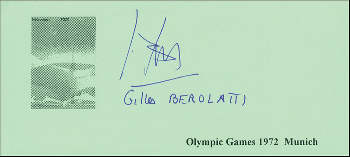 Berolatti, Gilles  | Blancobeleg mit origonal Signatur von Gilles Berolatti (FRA). Goldmedaille imFechten Florett Team bei den Olympischen Spielen 1968 und Bronze 1972. 14,5x7 cm