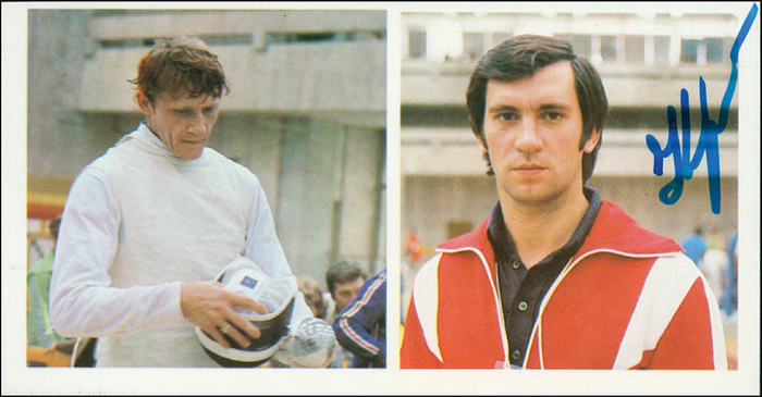 Krowopuskow, Wiktor  | Autogrammkarte mit original Signatur von Wiktor Krowopuskow URS). 4facher Goldmedaillengewinner im Fechten Säbel Einzeln und Mannschaft bei den Olympischen Spielen 1976 + 1980. 7facher Weltmeister. 15x8 cm