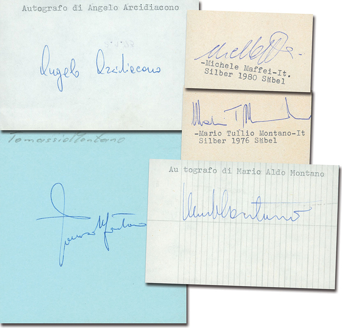 Italien Fechten OSS1976  | Silbermedaille im Fechten Säbel Mannschaft bei den Olympischen Spielen 1976. 5 original Signaturen von: Angelo Arcidiacono (1955-2007; Gold 1984); , Michele Maffei (Gold 1972 und Silber 1968 + 1980); Mario Aldo Montano (Gold 1972, Silber 1980, 2fscher Weltmeister); Mario Tullio Montano (1944-2017; 2facher Weltmeister); Tommaso Montano. KOMPLETTES TEAM!!! Blancobelege, 9x9 bis 6,5x5 cm.