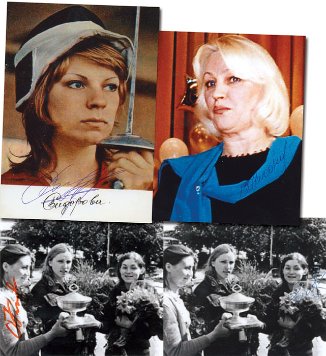 UdSSR Fechten OSS1976  | Goldmedaille im Fechten der Frauen Florett Mannschaft für die UdSSR bei den Olympischen Spielen 1976. 4 original Signaturen: Nailja Giljasowa (Silber 1980; 7fache Weltmeisterin); Olga Knjasewa (1954-2015, 4fache Weltmeisterin); Walentina Nikonowa (2fache Weltmeisterin); Walentina Sidorowa (1954-2021, Silber 1980, 9fache Weltmeisterin). Reprofotos, 15x10 bis 10,5x9 cm