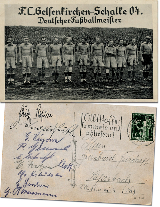 Sorry, no english description is available. ...  -  Condition: B.....Weitere Unterschriften: Ernst Kuzorra, Bumbas Schmidt (Trainer),  Hans Klodt, Ernst Sontow, Szepan, Schweißfurth, Kalwitzki, Bornemann und Ernst Poertgen. Karte wurde 1938 signiert.