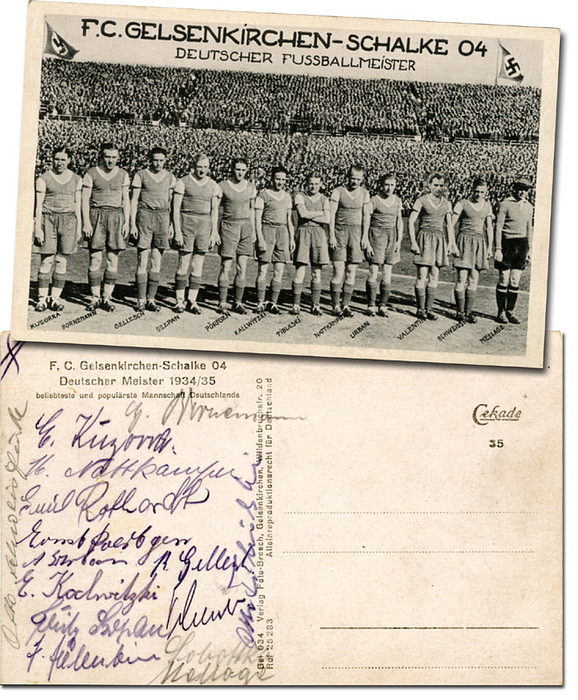 Schalke 04 - Postkarte 34  | S/W-Postkarte „FC Gelsenkirchen - Schalke 04 beliebteste und populärste Mannschaft Deutschlands“ mit Portraits und Namen der Spieler ca. 1934. Mit 14 Originalunterschriften der kompletten Meister Mannschaft von 1934 mit allen auf der Karte abgebildeten Spieler: Valentin, Emil Rothhardt, Kuzorra, Nattkämper, Szepan, Tibulski, Schweisfurth, Bornemann, Pörtgen, Adolf Urban, August Sobottka, Mellage. 14x9 cm.