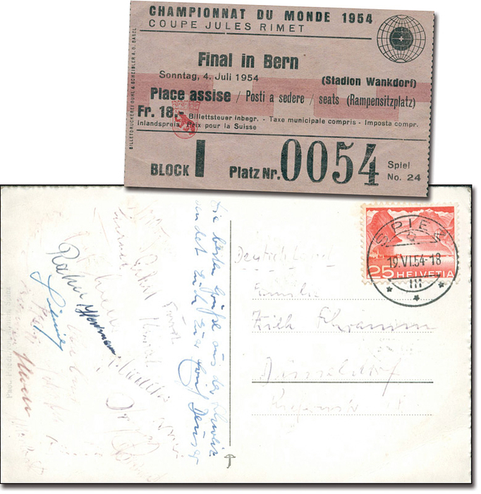 Weltmeister 1954 + Ticket 1954  | Original S/W-Postkarte geschrieben von Erich Deuser am 19.6.1954 aus dem Quartier der deutschen Nationalmannschaft in Spiez bei der Fußball-Weltmeisterschaft 1954 in der Schweiz mit 21 original Signaturen der Spieler. Dabei: Finale in Bern, 4.Juli 1954, (Deutschland - Ungarn 3:2). 9,5x6cm.