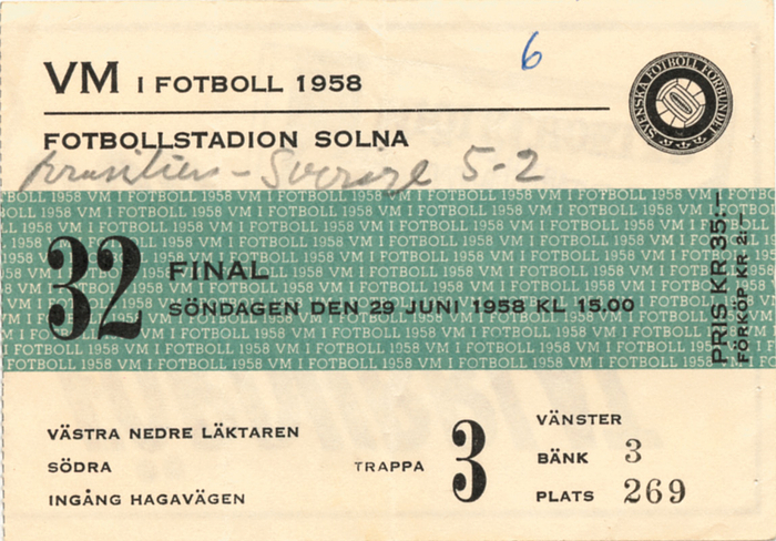  - Ticket FIFA World Cup 1958 Final  Brasil v Sweden June 29 in Solna, 1958, size 11x8cm, very nice!! With COA see "original tickets". --folded; Brasil with Pele Condition: B-