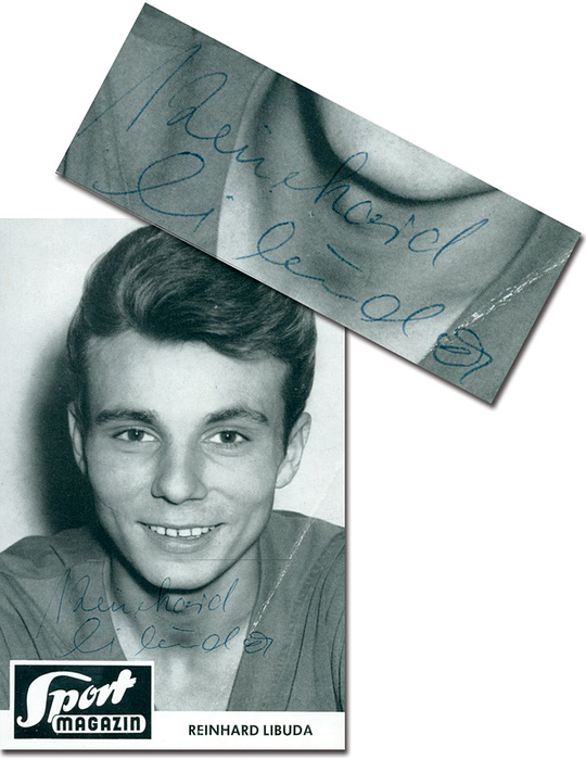 Libuda,Stan Reinhard  | (1943-1996) Autogrammkarte / Sammelkarte "Sport Magazin" mit original Signatur von Reinhard "Stan" Libuda (6 A-DFB Länderspiele, Schalke 04, Borussia Dortmund). Hat mit kompletten Vornamen signiert "Reinhard" selten! 14x9 cm.
