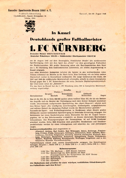 Programm 1948  | Freundschaftsspiel KSV Hessen Kassel - 1.FC Nürnberg am 30.8.1948 in Kassel.
