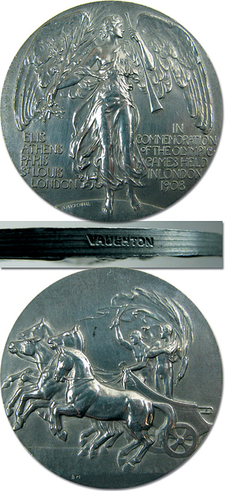  - Participation Medal: Olympic Games 1908 „In Commemoration of the Olympic Games held in London 1908“. Presented to guests of honour. Designed by B.MacKannal. Pewter, with attractive relief motifs, stamped on the rim "Vaughton" size 5cm. Presented to atheltes. Condition: A