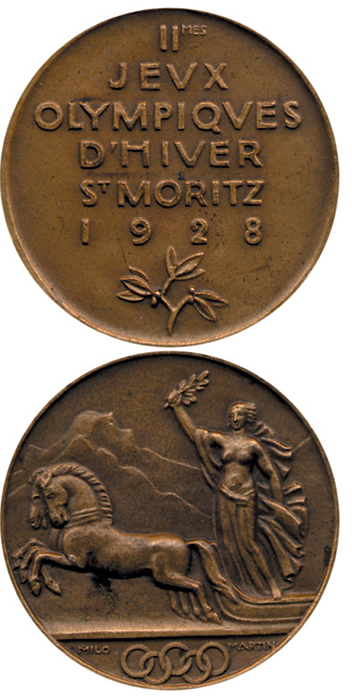  - Olympic Games 1928. Participation medal St.Moritz: II Olympic Winter Games: in bronze from M. Martin. Size 3.7 cm. Condition: A