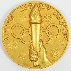 Siegermedaille 1948  | Siegermedaille für den 1.Platz bei den Olympischen Winterspielen St.Moritz 1948 „Vmes Jeux Olympiques d'hiver St.Moritz 1948" Silber, vergoldet (gepunzt, 925er Silber, Gewicht: 100 Gramm). Hersteller: Huguenin, 6 cm. - Bild 2
