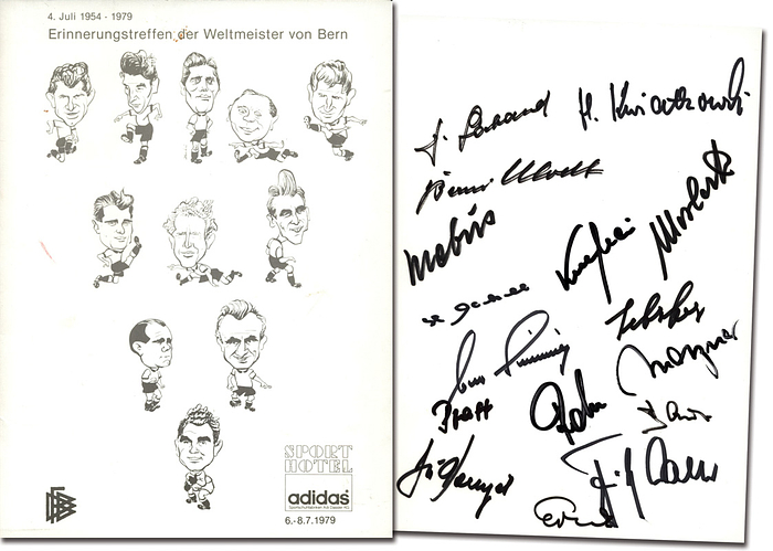 Weltmeister 1954  | Offizielle Erinnerungskarte anlässlich des "Erinnerungstreffen der Weltmeister von Bern. 4.Juli 1954 - 1979" im Sporthotel von Adidas. Mit 16 Originalsignaturen der deutschen Spieler der Fußball-Weltmeisterschaft 1954 im Innenteil: Morlock, Schäfer, Rahn, Bauer, Metzner, Laband, Mebus, Klodt, Erhardt, Kwiatkowski, Liebrich, Mai, Pfaff, Posipal, Eckel, F.Walter. Karton, 19,5x14,5 .