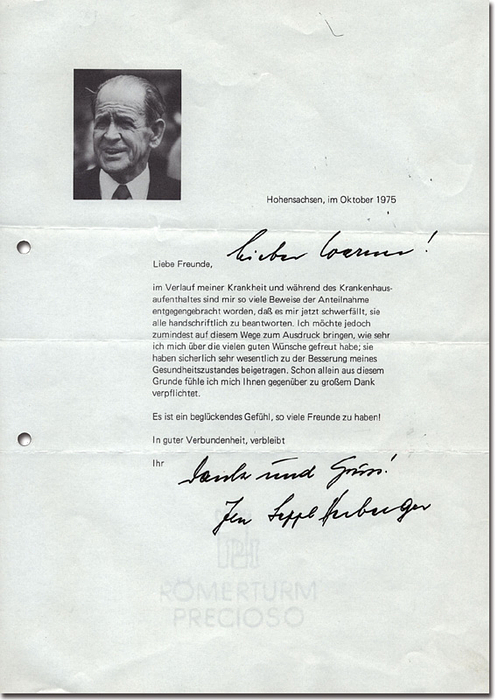 Herberger, Sepp  | (1897-1977) Dankesbrief von Sepp Herberger anläßlich der Genesungswünsche von Werner Liebrich. Mit original Signatur von sepp Herberger und persönlicher Anrede "Lieber Werner", 30x21 cm