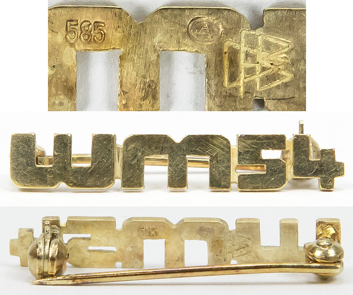  - World Cup 1954: Pin of honour WC 1954: Golden pin of Honour from the German FA „WM 54“. The rear shows the DFB stamp, the goldsmith's stamp ant the 585 gold stamp. Presented to Werner Liebrich. A very rare piece of German Football history! Weight 1.9 grammes, size 2.8x0.5 cm. Awarded by the DFB in 1954 exclusively to the players, coaches, and officials of the 1954 World Cup delegation!! In the last 30 years, it was offered for sale only once—in 2007 at AGON-Sportsworld! A true rarity!!! A maximum of 30 copies were issued. Condition: A
