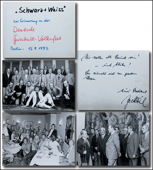 - Senior National players, Germany 1973: photo album compiled by the music producer Jack White during the recording of songs for a LP from the old international players "Schwarz und Weiss" and 1 photo of the seniors with Willi Brandt. Presented to Werner Liebrich one of the "singers". Size 21x16cm, 34 pages, 16 b/w press photos, dedication from White, Condition: A-