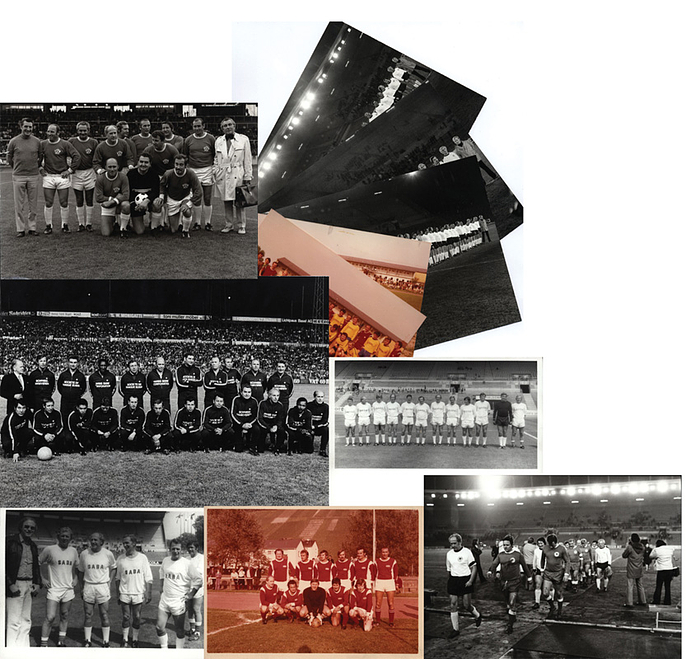 Fotosammlung Werner Liebrich  | 11 verschiedene Pressefotos und privat Fotos von Prominentenmannschaften und anderen Fußballteams bei denen Werner Liebrich nach Abschluss seiner Karriere mit wirkte. 23x18 bis 12,5x9 cm