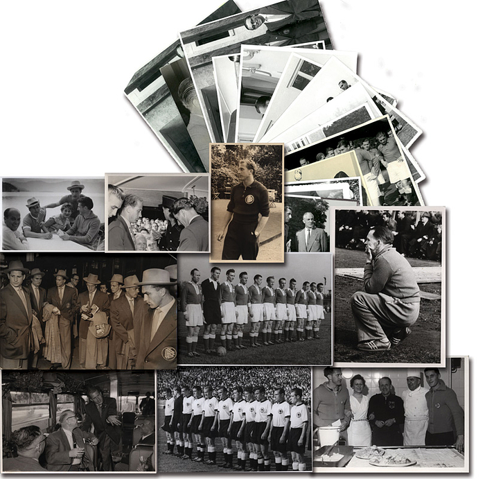 Nationalmannschaft 1951-1956 Fotossammlung  | 25 Pressefotos, Privatfotos und Reprofotos aus der Karriere von Werner Liebrich in der deutschen Nationalmannschaft von 1951 -1956 mit Spielszenen, Mannschaftsfotos und Freizeiraktivitäten der Spieler. Aus der Sammlung von Werner Liebrich, 24x18 cm bis 5x5 cm