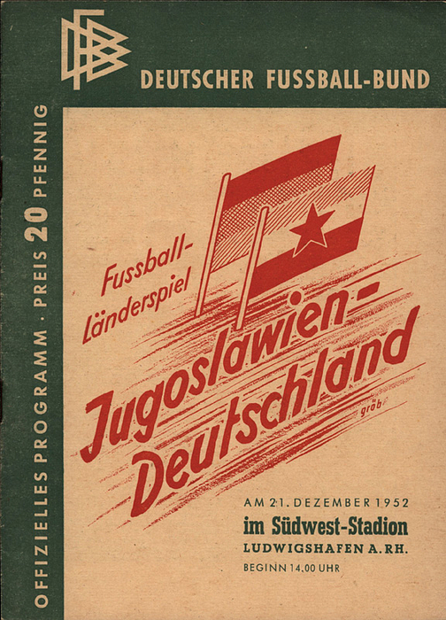 Programm LS1952  | Deutschland - Jugoslawien. 21.12.1952 im Südwest-Stadion Ludwigshafen Offizielles Programm.