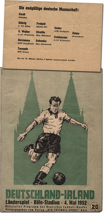 Football Programm Germany v Ireland 1952 - Football Programm Germany v Ireland 1952 4th mai 1952 in Cologne. Plus additional sheet with the German Team. Size 14.5x21cm,  16 pages with photos. --Dog-eared Condition: C-