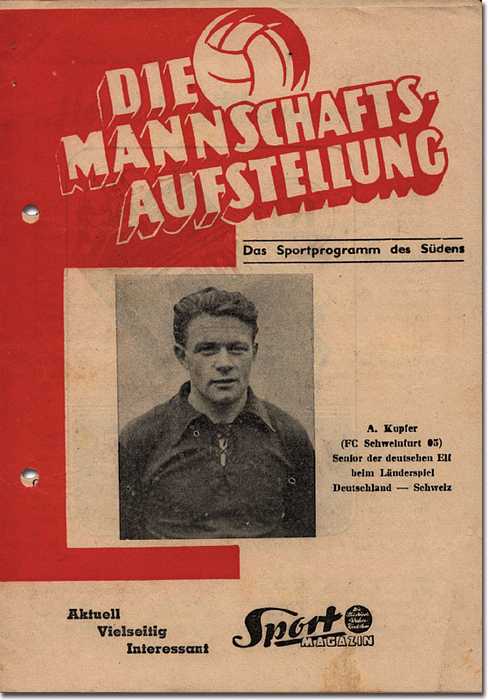 Programm LS1950  | Länderspiel Deutschland - Schweiz . 22.11.1950  in Stuttgart. Ausgabe: Die Mannschaftsaufstellung. Das Sportprogramm des Südens