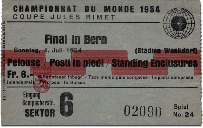  - Eugen Johansen: Extremely rare and original ticket for the final of the World Cup in Switzerland 1954 in Bern on 4th July 1954. Germany - Hungary 3:2. 9.5 x 6 cm. This object will be delivered with a certificate of authenticity. Please read more under "original tickets". --Well-preserved ticket. Condition: B