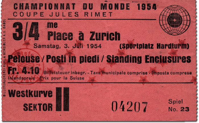 Eintrittskarte WM1954  | Spiel um den 3.Platz in Zürich, 3.Juli 1954, Place assise, Fr. 11.-. (Österreich - Uruguay 3:1). 9,5x6 cm.