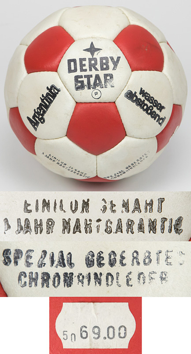 Derbystar Argentina ca. 1978  | Handgenähter Lederfußball der Firma Derbystar "Argentina" ca. 1978. Unbespielt! In original Kunststofftüte. Mit original Preisschild "69.00" DM aus dem Jahre 1978