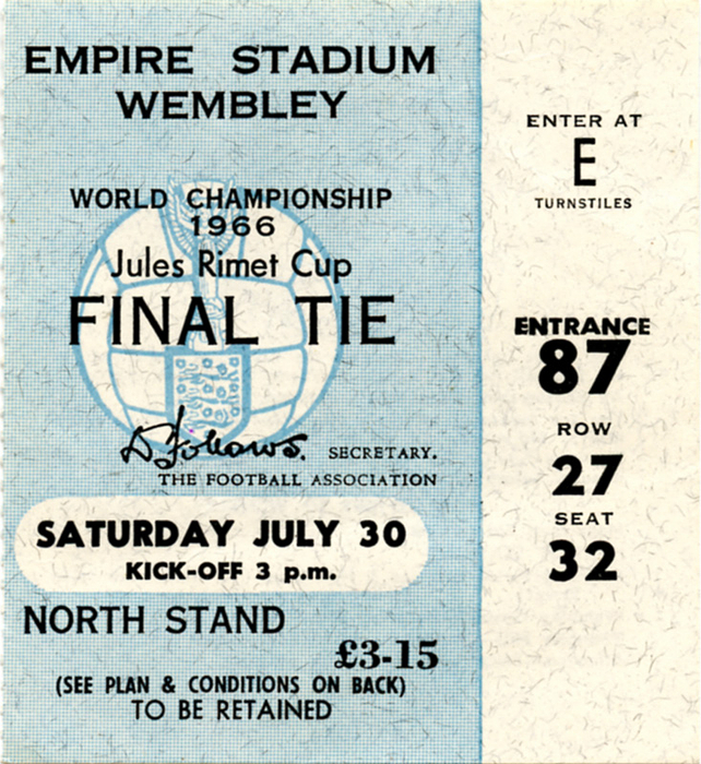 Eintrittskarte WM1966  | Finale: England - Deutschland am 30.7.1966 im Empire Stadium Wembley. 8,5x9 cm.