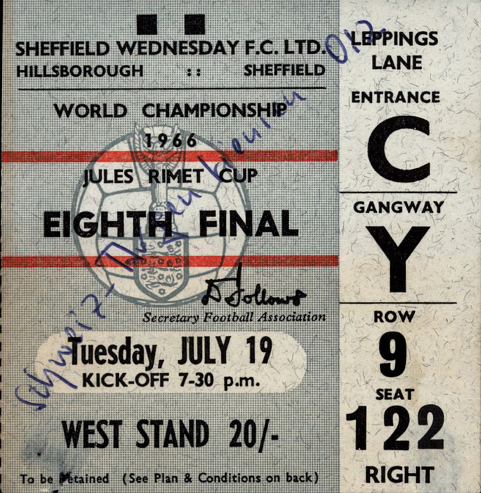  - World Cup 1966 Football WC Ticket for the match Argentina vs Switzerland in Hillsborough, Sheffield on July 19th, 1966. Size 11x9 cm. Traces of removal on the back; match-up handwritten on the front. Condition: C