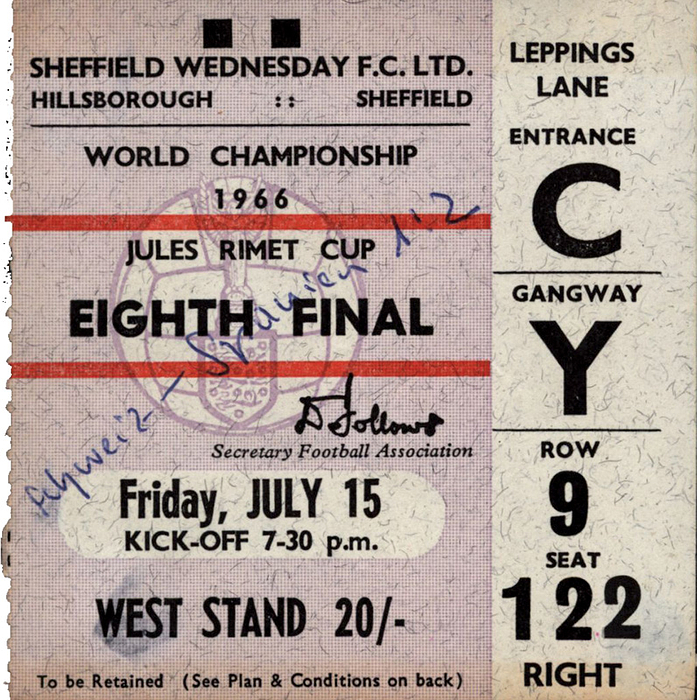 Eintrittskarte WM1966  | Eigth Final: Schweiz - Spanien am 15.7.1966 Hillsborough, Sheffield. 9x8,5 cm.