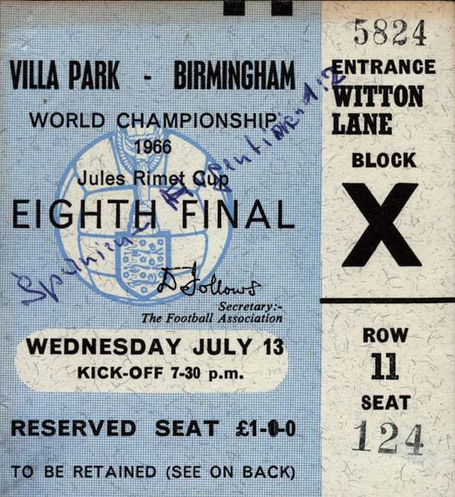  - World Cup 1966 Ticket Spain vs. Argentina, eight final on July 13 1966 at Villa Park, Birmigham. Size 10.5x9 cm. Traces of removal on the back; match-up handwritten on the front. Condition: C