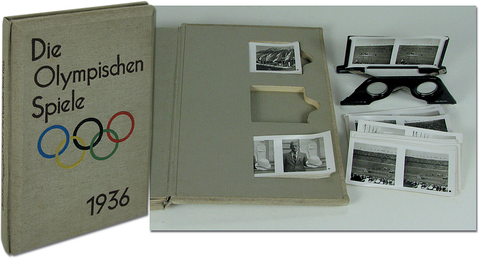  - Die Olympischen Spiele 1936. 100 spatial Photographs by Heinrich Hoffmann. Sptial view album with 60 pages of descriptive text. Original four-colour linen case with original glasses. Viewing the pictures through the enclosed glasses gives a three-dimensional effect. Binding loosened, otherwise good copy! With 100 b/w 3D pictures (complete) and the original viewing glasses. In original cloth bound album with 60 pageswith text. Size 21x30cm. Binding loose, otherwise good copy! Condition: C+