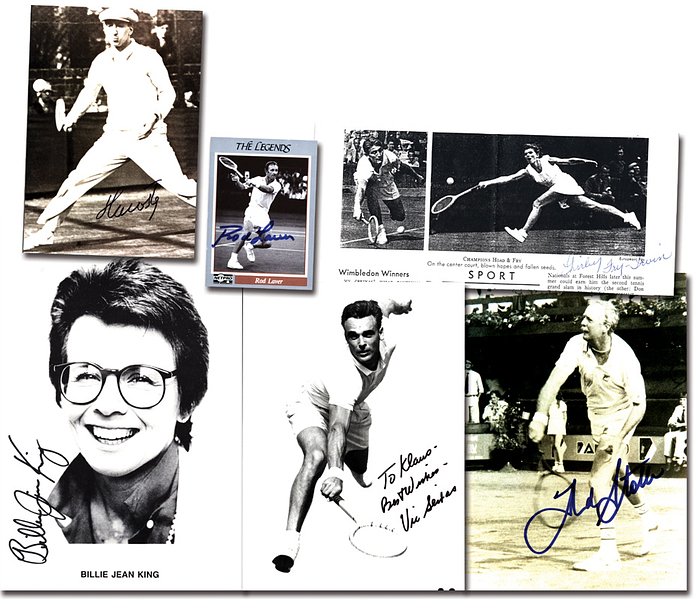  - 5 photographic proofs with original signatures of tennis legends: Rod Laver, Fred Stolle, Vic Seitas, Henry Lacoste, Billie Jean King, and Shirley Fry. 23 x 14 cm to 9 x 6 cm. Condition: A-