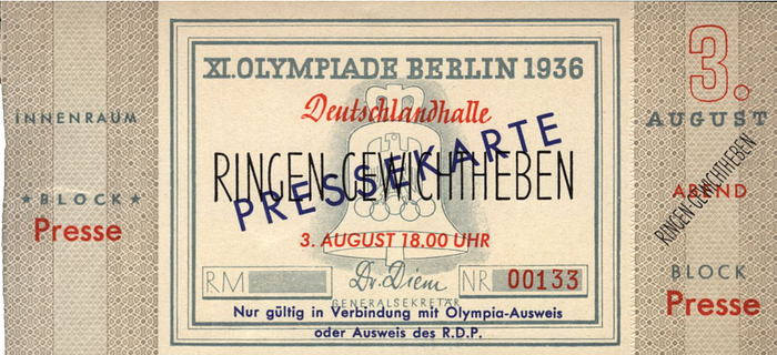  - Olympic games 1936 Very rare ticket Wrestling - Weightlifting at Deutschlandhalle, Berlin on 3rd August 1936, 11m. Presstocket, 13x6 cm. -- adhesive residue on the back. Condition: A-