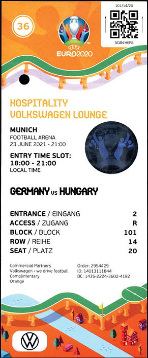  - UEFA Euro 2020 Ticket : Germany - Hungary (2:2) in Munich on 23rd June 2021. Official ticket from the EUFA Euro 2020, 20 x 8 cm.  ORIGINAL ticket! Rare ORIGINAL ticket from the European Championship 2020. Due to the Covid pandemic only 12,926 spectators were allowed into the stadium. Many of these would only use mobile tickets. For the first time UEFA had offered so called "memorabilia tickets". These tickets were souvenirs of the EURO 2020 wich were printed on the same paper as valid tickets yet they show the addition "memorabilia". The price of these tickets was 10,- € et they are no valid tickets but souvenirs. These tickets are often offered as authentic tickets on the internet and fetch high prices due to the ignorance of the buyers. Caution is advised! - punched Condition: B+