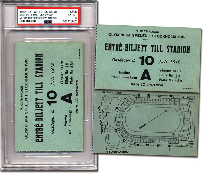 Olympic Games Stockholm 1912. Official Ticket - Official admission ticket for the Olympic Stadium on July 10, 1912, for the 1912 Olympic Games in Stockholm. Cardboard, 12 x 7.5 cm. --On July 10th, the track and field competitions took place at the Olympic Stadium, featuring the finals in the shot put, 1,500m, 5,000m, and javelin throw. —Excellent! —PSA-certified card with a COA from PSA! Housed in its original plastic holder (which can be opened). Condition: A