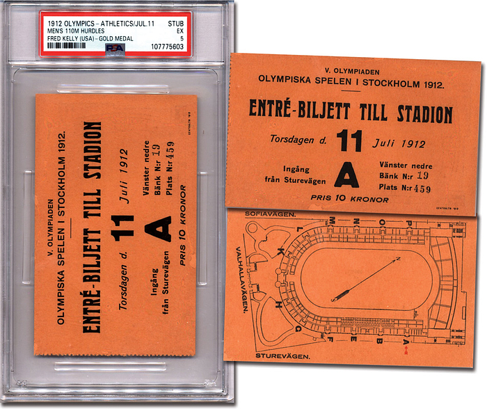  - Official admission ticket for the Olympic Stadium on July 11, 1912, for the 1912 Olympic Games in Stockholm. Cardboard, 11.8 x 7 cm. --On July 11th, the track and field competitions took place at the Olympic Stadium, featuring the finals for the 200m dash and the pole vault. —Superb! —A PSA-certified card with a PSA Certificate of Authenticity (COA)! Housed in its original plastic holder (which can be opened). Condition: A