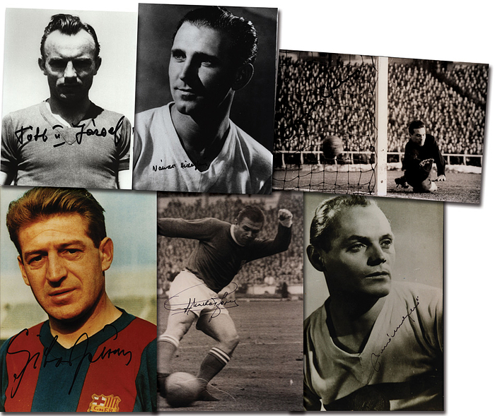  - Autographs World Cup Stars 1954. Hungary: G.Grosics (+), Buzansky (+), Hidegkuti (+), Puskas (+), Czibor (+), Toth II (+).  30x20 bis 24x17,5 cm. Condition: A