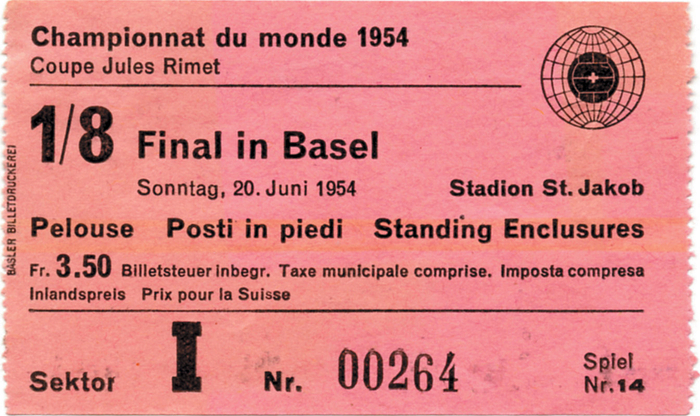 Eintrittskarte WM1954  | „1/8 Final“-Spiel in Basel am 20. Juni 1954,  (Vorrunde Deutschland - Ungarn 3:8).  9,5x6 cm.