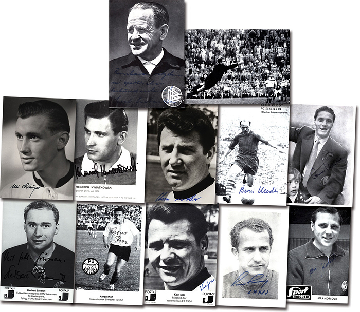 Weltmeister 1954  | 12 Autogrammkarten der Fußball - Weltmeister 1954 mit original Signaturen: Herberger, Klodt, Liebrich, O.Walter, Kwiatkowski, Erhardt, Pfaff, Mai, Turek, Morlock, Schäfer, Biesinger. Je ca. 14,5x10,5 cm