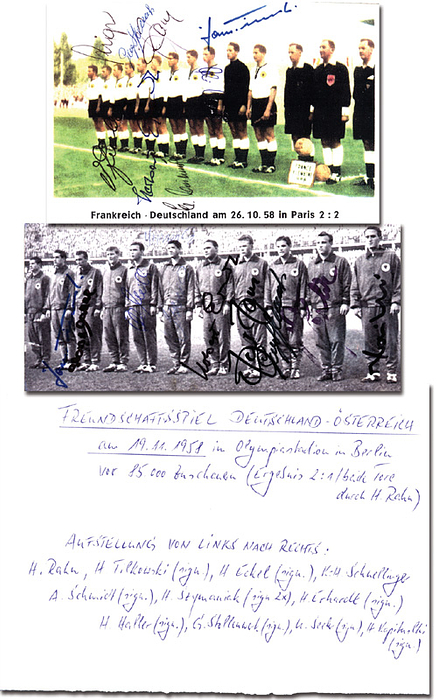 Nationalmannschaft 1958  | 2 Belege von Fußball Länderspielen 1958 mit original Signaturen der Spieler: 1) Farbkopie mit 8 original Signaturen der Spieler vom Fußballländerspiel Frankreich v Deutschland (2:2) am 26.10.1958. 16x10,5 cm. 2) S/W-Reprofoto vom Spiel Deutschand v Österreich am 19.11.1958 mit 10 Originalunterschiften der deutschen Spieler, 18x8 cm.
